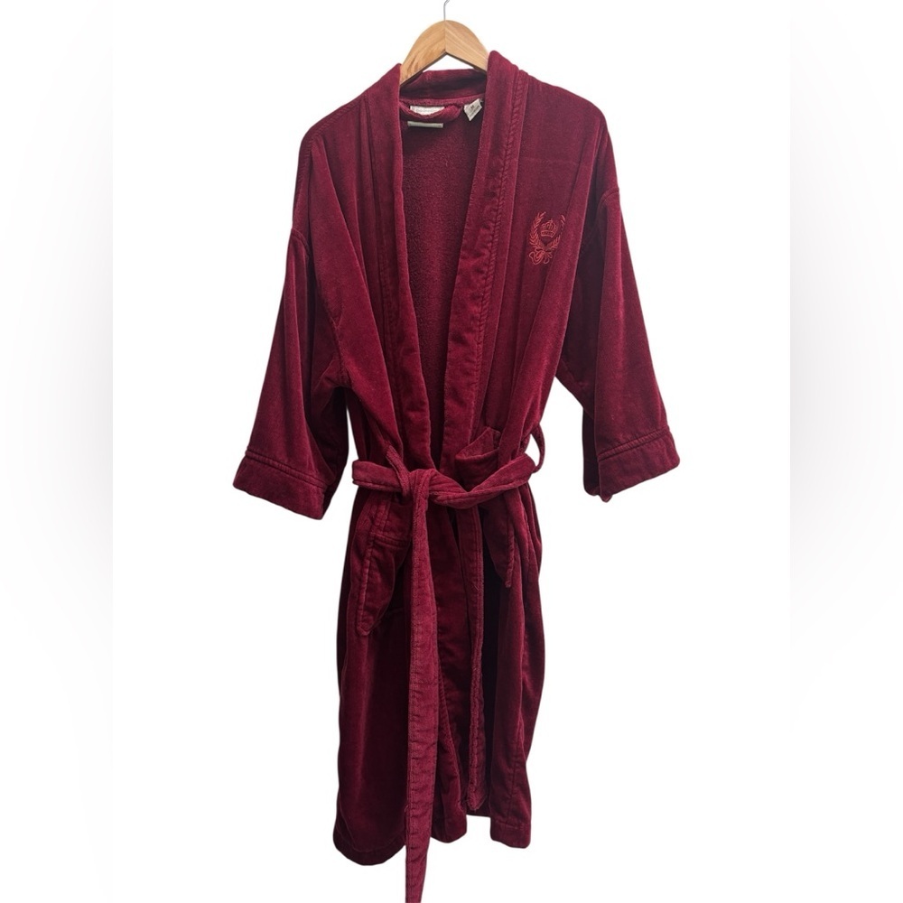TJ Lawford Turkish Cotton Robe Womens  Medium Red Crown crest Terrycloth Belted - Picture 2 of 10